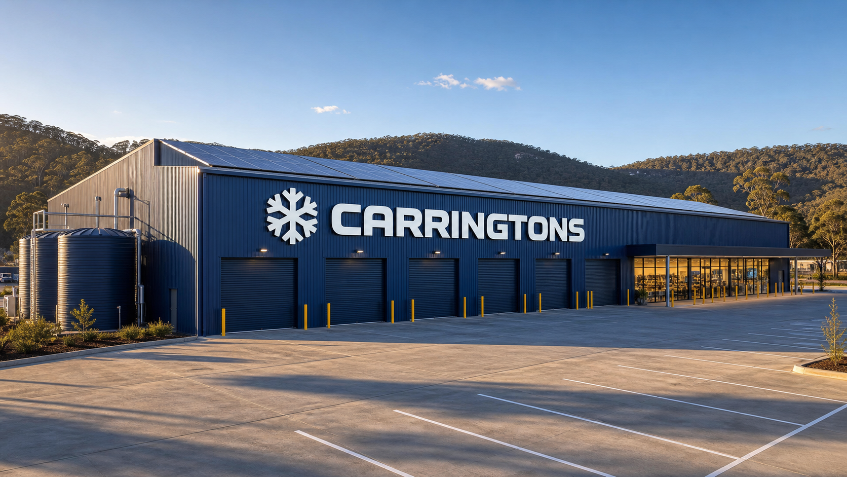 CARRINGTONS warehouse with snowflake signage at golden hour
